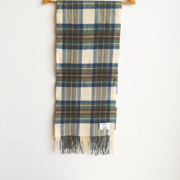 Johnstons Lambswool Blue Brown Plaid Scarf Made in Scotland - Picture 3 of 5